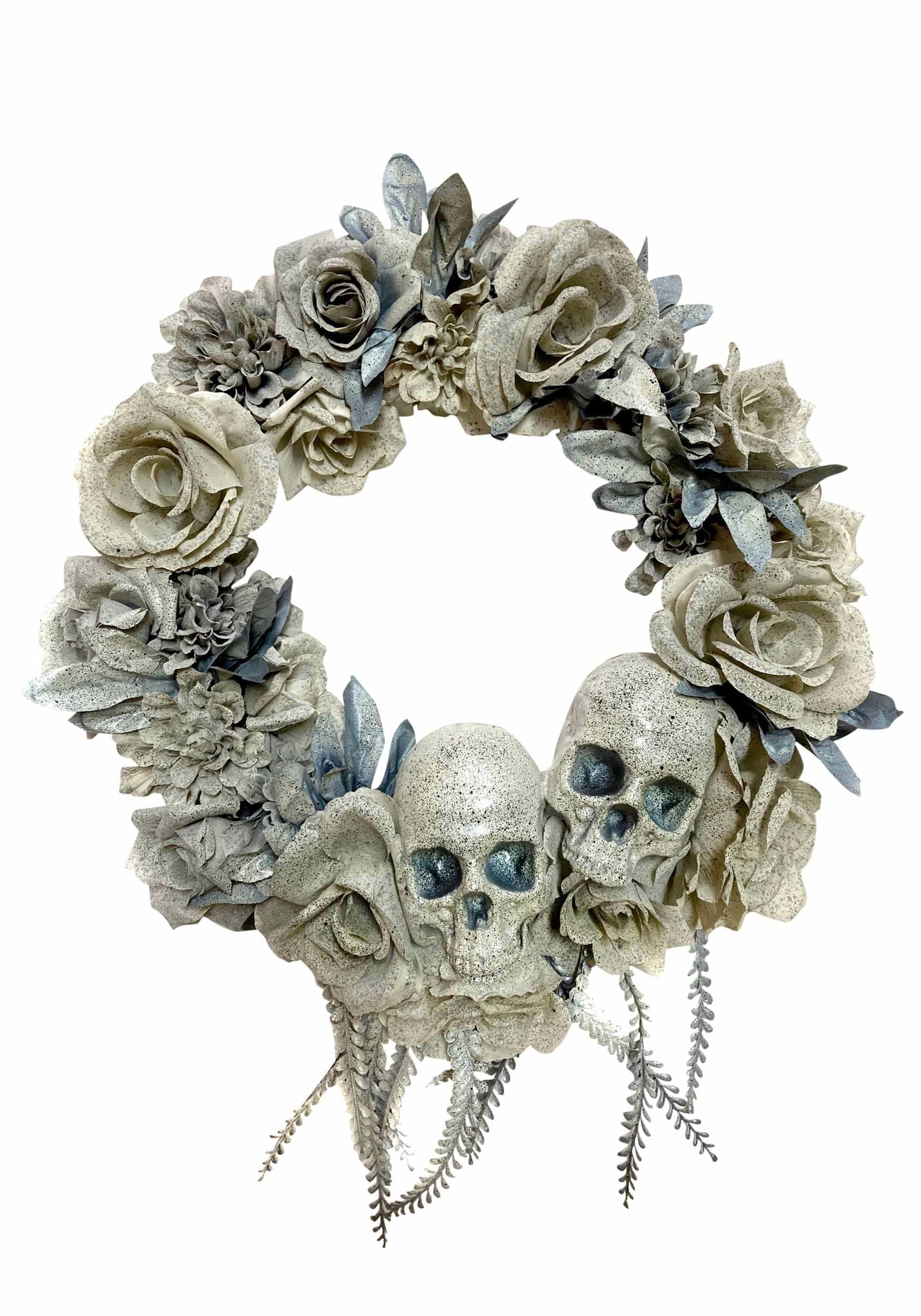 20" Faux Stone Skull & Roses Wreath Decoration | Halloween Wreath