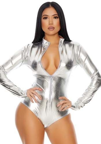 Women's Zipfront Metallic Silver Bodysuit