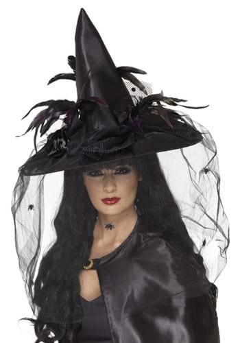 Feathers and Netting Black Witch Hat