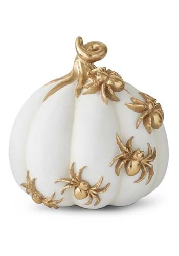 7 Inch White Pumpkin with Gold Spiders Decoration