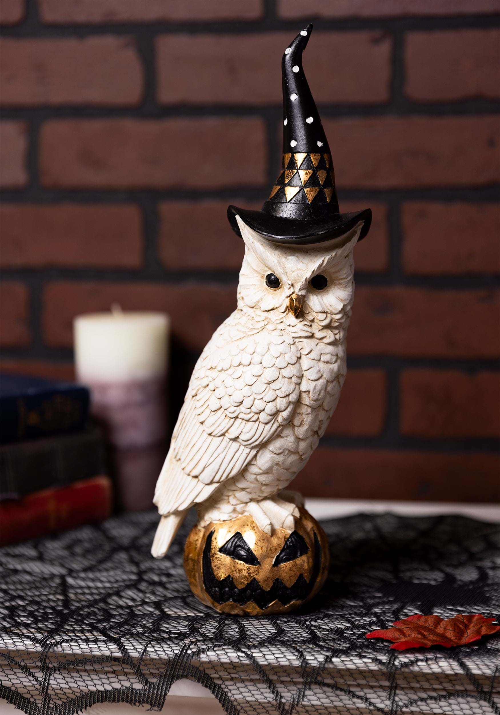 White & Gold Owl with Witch Hat on Gold 14 Inch Jack-O-Lantern