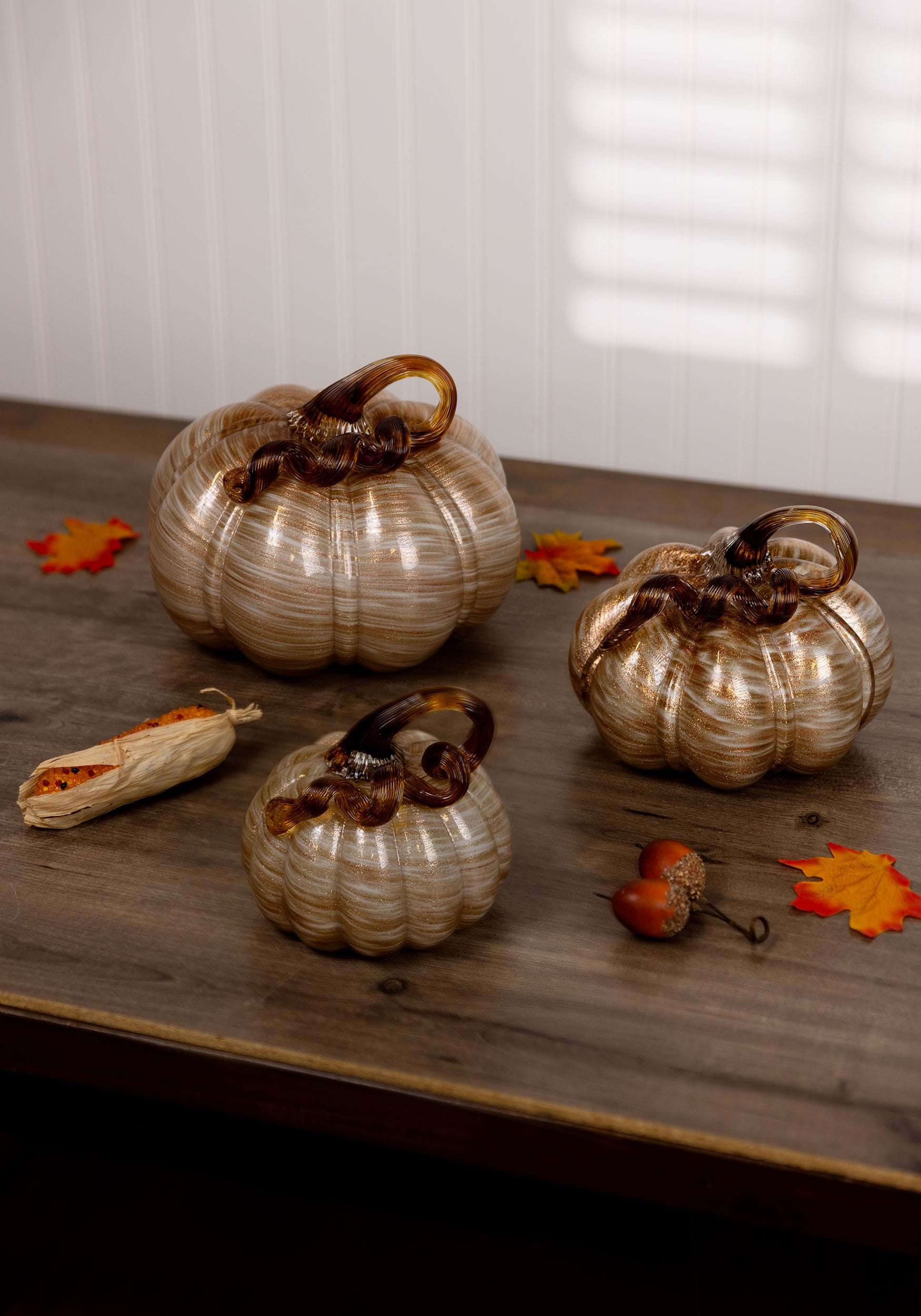 White and Gold Set of 3 Glass Pumpkins