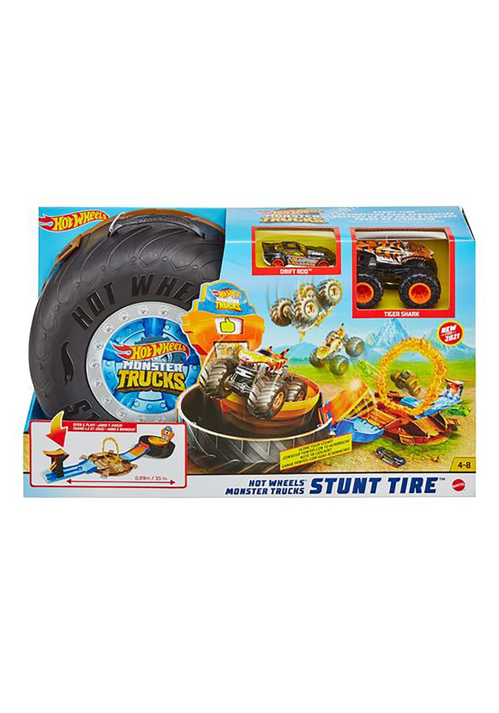 Hot Wheels Monster Trucks Stunt Tire Playset with 1:64 Scale Toy Car &  Tiger Shark Truck