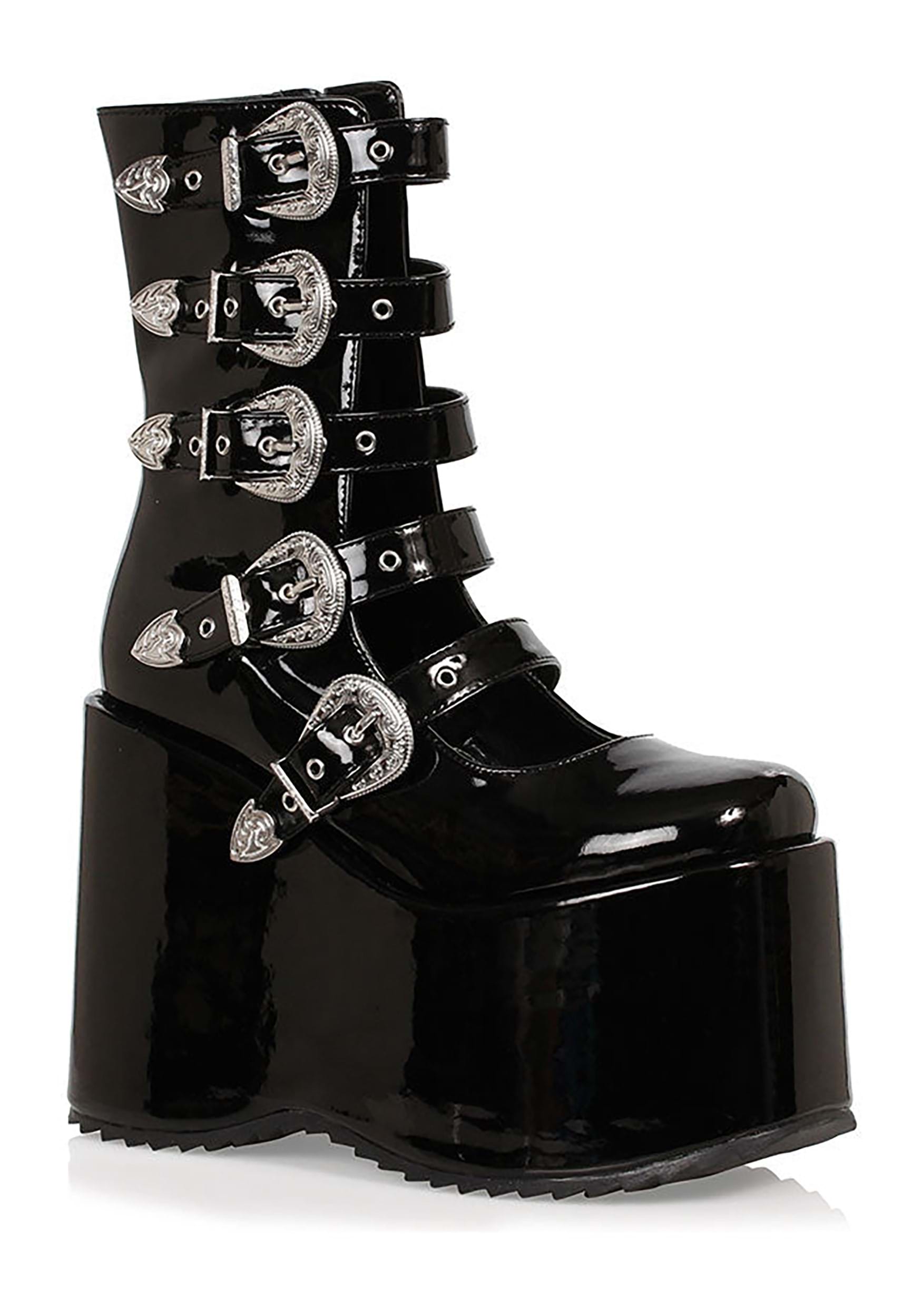 Black Platform Buckle Strap Womens Boots