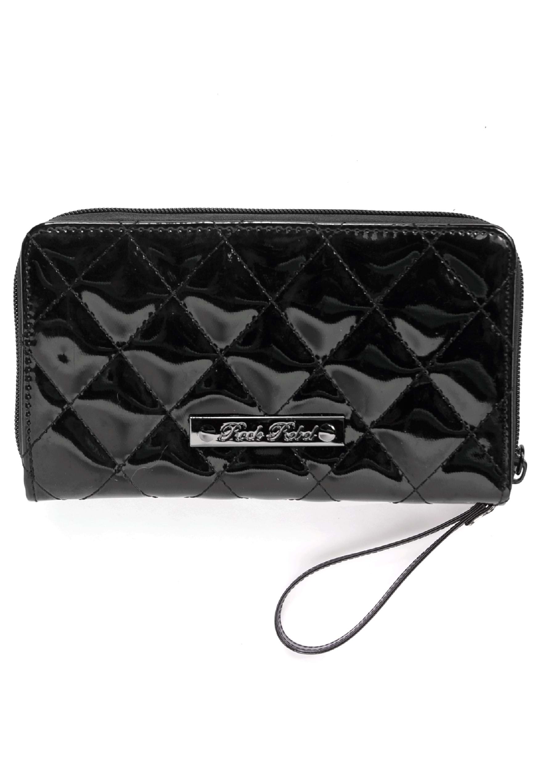 Studded Bat Quilted Faux Patent Black Wallet , Halloween Wallets
