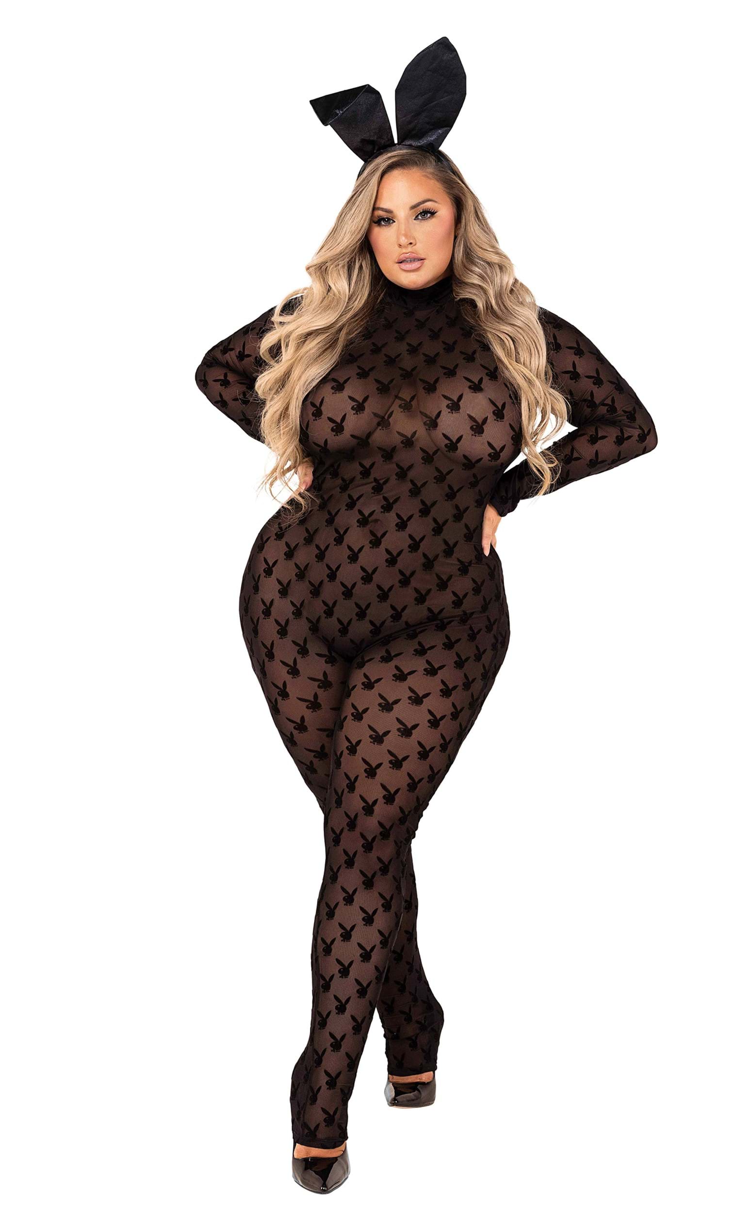 Plus Size Playboy Womens Sheer Bunny Bodysuit