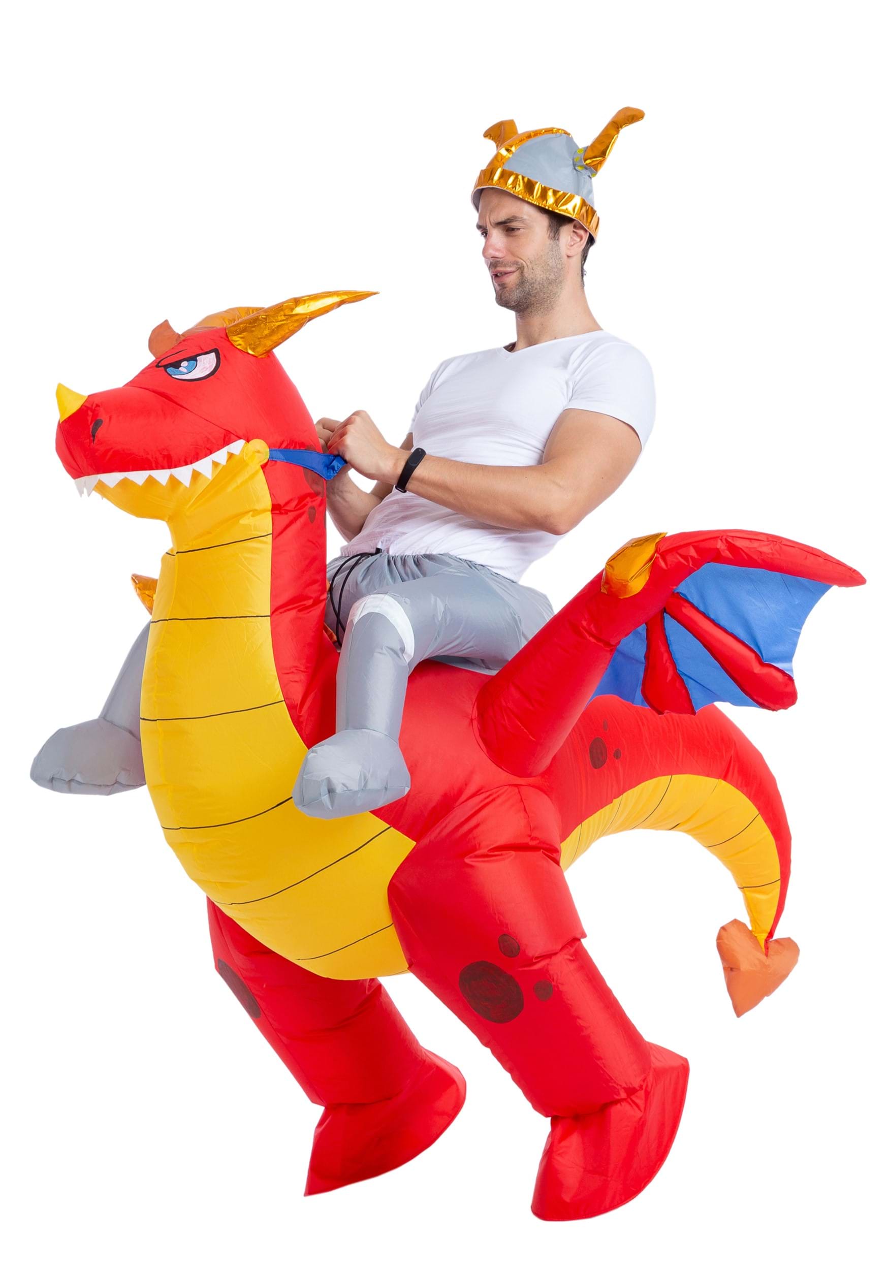 Adult Riding a Fire Dragon Inflatable Costume