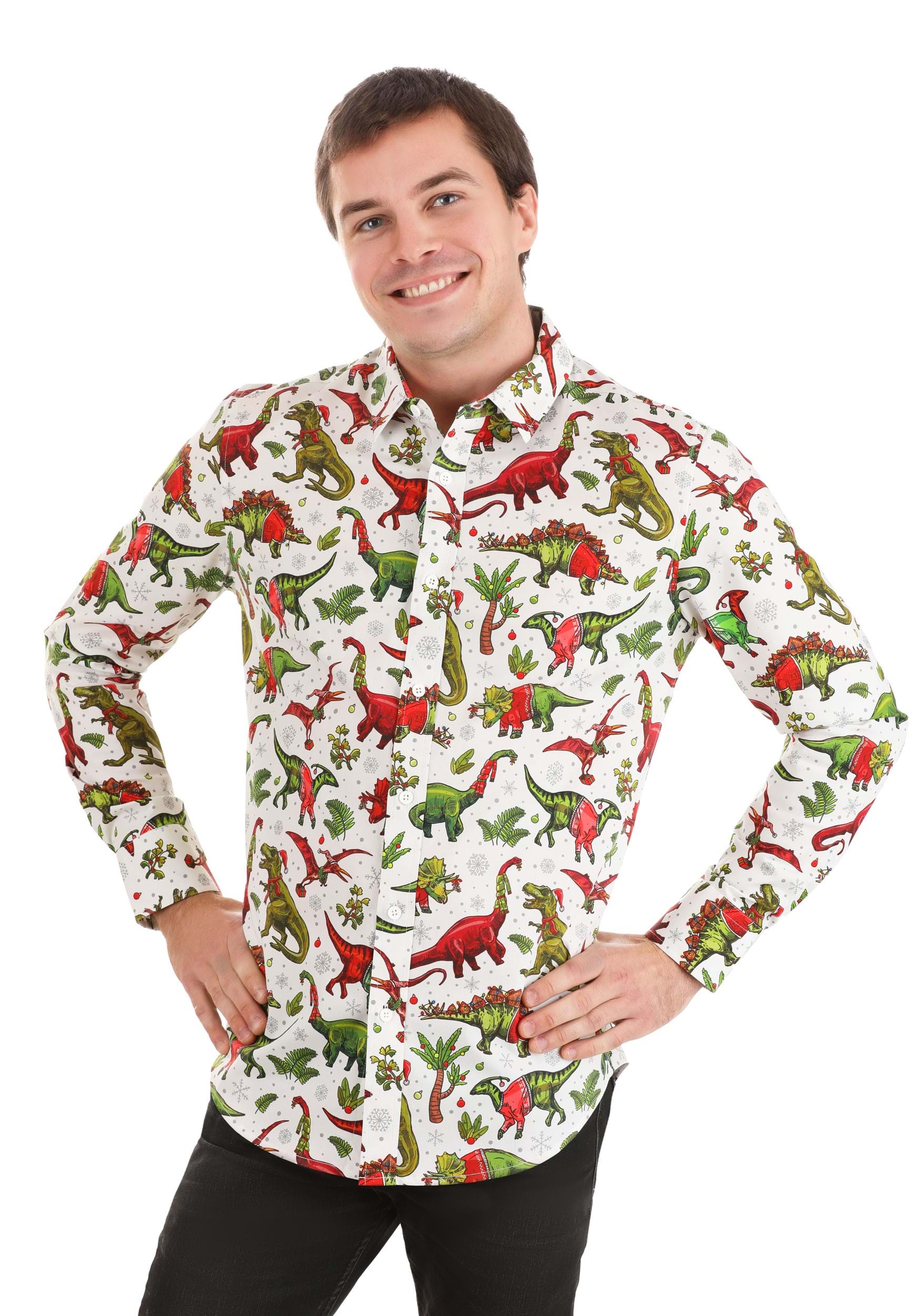 Holiday Dinosaurs Button Up Shirt for Adults | Holiday Christmas Shirts