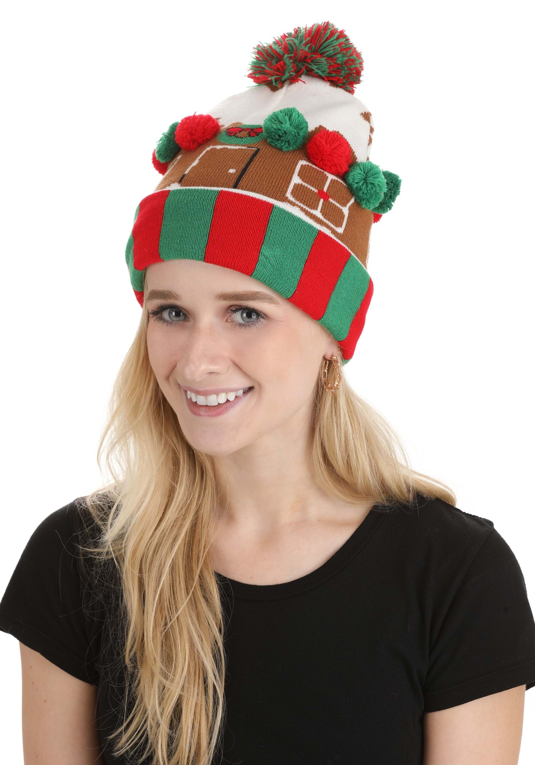 Christmas Gingerbread House Knit Hat with Pom Pom | Christmas Hats